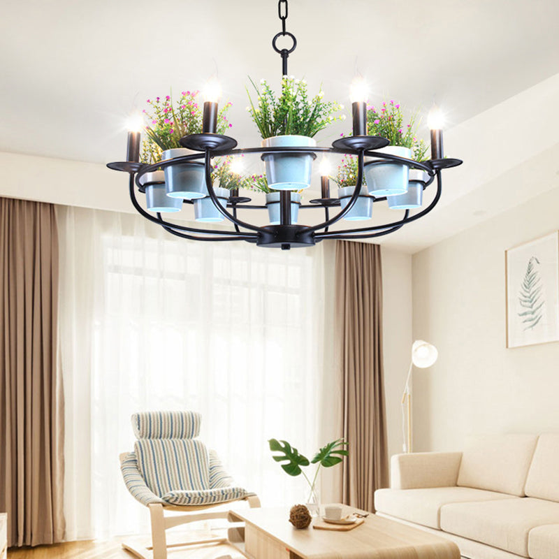 Candelabra Living Room Chandelier Industrial Iron 6/8 Heads Black Pendant Light with Potted Plant Decor Clearhalo 'Cast Iron' 'Ceiling Lights' 'Chandeliers' 'Industrial Chandeliers' 'Industrial' 'Metal' 'Middle Century Chandeliers' 'Rustic Chandeliers' 'Tiffany' Lighting' 1459081