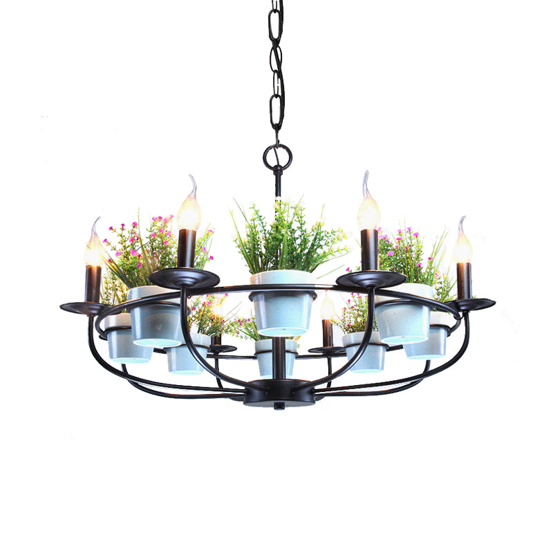 Candelabra Living Room Chandelier Industrial Iron 6/8 Heads Black Pendant Light with Potted Plant Decor Clearhalo 'Cast Iron' 'Ceiling Lights' 'Chandeliers' 'Industrial Chandeliers' 'Industrial' 'Metal' 'Middle Century Chandeliers' 'Rustic Chandeliers' 'Tiffany' Lighting' 1459083