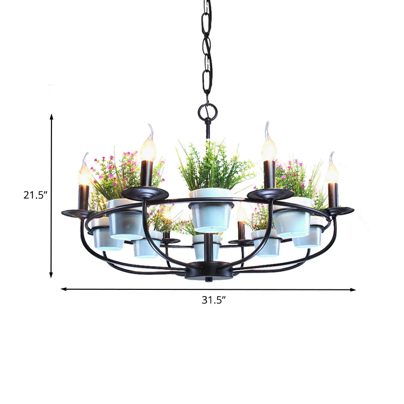 Candelabra Living Room Chandelier Industrial Iron 6/8 Heads Black Pendant Light with Potted Plant Decor Clearhalo 'Cast Iron' 'Ceiling Lights' 'Chandeliers' 'Industrial Chandeliers' 'Industrial' 'Metal' 'Middle Century Chandeliers' 'Rustic Chandeliers' 'Tiffany' Lighting' 1459084