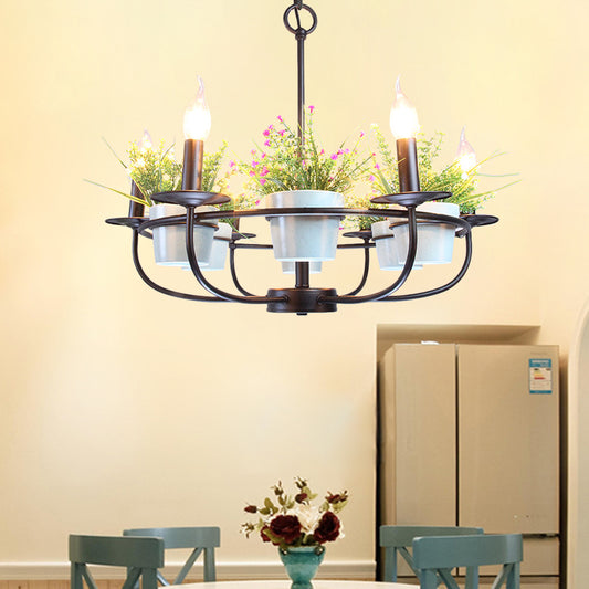 Candelabra Living Room Chandelier Industrial Iron 6/8 Heads Black Pendant Light with Potted Plant Decor 6 Black Clearhalo 'Cast Iron' 'Ceiling Lights' 'Chandeliers' 'Industrial Chandeliers' 'Industrial' 'Metal' 'Middle Century Chandeliers' 'Rustic Chandeliers' 'Tiffany' Lighting' 1459085