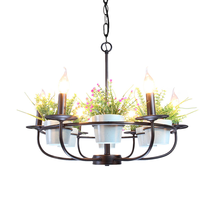 Candelabra Living Room Chandelier Industrial Iron 6/8 Heads Black Pendant Light with Potted Plant Decor Clearhalo 'Cast Iron' 'Ceiling Lights' 'Chandeliers' 'Industrial Chandeliers' 'Industrial' 'Metal' 'Middle Century Chandeliers' 'Rustic Chandeliers' 'Tiffany' Lighting' 1459087