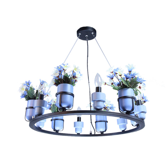 6/8 Lights Ceramic Hanging Chandelier Industrial Pink/Blue Circular Pendant Ceiling Light with Potted Plant Design Clearhalo 'Cast Iron' 'Ceiling Lights' 'Chandeliers' 'Industrial Chandeliers' 'Industrial' 'Metal' 'Middle Century Chandeliers' 'Rustic Chandeliers' 'Tiffany' Lighting' 1459091
