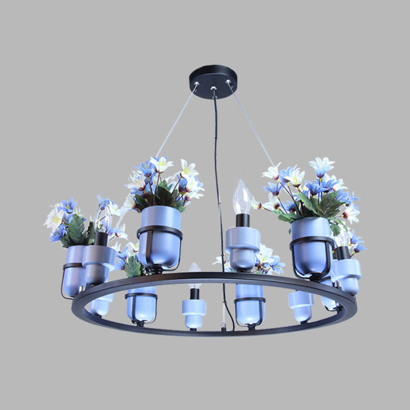 6/8 Lights Ceramic Hanging Chandelier Industrial Pink/Blue Circular Pendant Ceiling Light with Potted Plant Design Clearhalo 'Cast Iron' 'Ceiling Lights' 'Chandeliers' 'Industrial Chandeliers' 'Industrial' 'Metal' 'Middle Century Chandeliers' 'Rustic Chandeliers' 'Tiffany' Lighting' 1459092