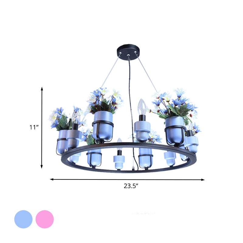 6/8 Lights Ceramic Hanging Chandelier Industrial Pink/Blue Circular Pendant Ceiling Light with Potted Plant Design Clearhalo 'Cast Iron' 'Ceiling Lights' 'Chandeliers' 'Industrial Chandeliers' 'Industrial' 'Metal' 'Middle Century Chandeliers' 'Rustic Chandeliers' 'Tiffany' Lighting' 1459093