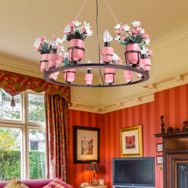 6/8 Lights Ceramic Hanging Chandelier Industrial Pink/Blue Circular Pendant Ceiling Light with Potted Plant Design Clearhalo 'Cast Iron' 'Ceiling Lights' 'Chandeliers' 'Industrial Chandeliers' 'Industrial' 'Metal' 'Middle Century Chandeliers' 'Rustic Chandeliers' 'Tiffany' Lighting' 1459095