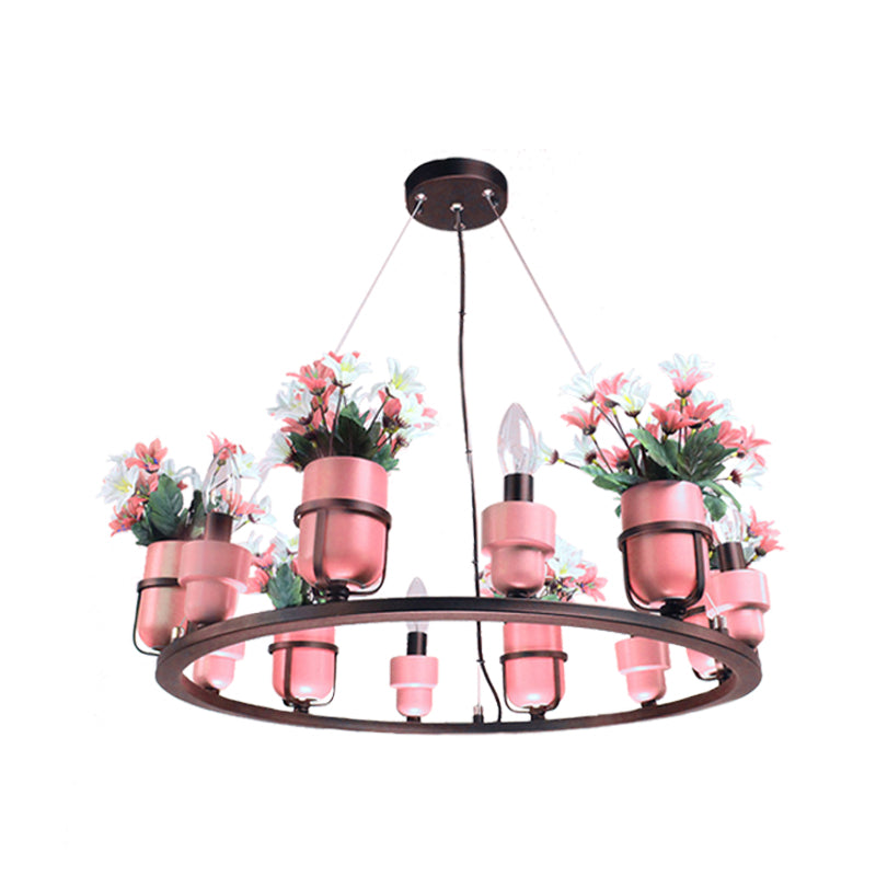 6/8 Lights Ceramic Hanging Chandelier Industrial Pink/Blue Circular Pendant Ceiling Light with Potted Plant Design Clearhalo 'Cast Iron' 'Ceiling Lights' 'Chandeliers' 'Industrial Chandeliers' 'Industrial' 'Metal' 'Middle Century Chandeliers' 'Rustic Chandeliers' 'Tiffany' Lighting' 1459096