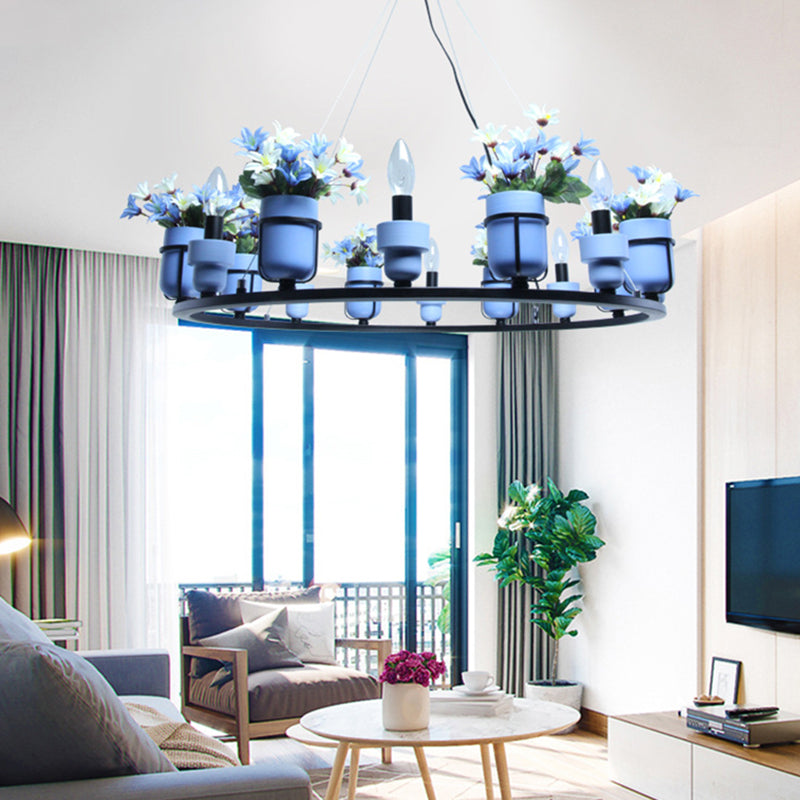 6/8 Lights Ceramic Hanging Chandelier Industrial Pink/Blue Circular Pendant Ceiling Light with Potted Plant Design Clearhalo 'Cast Iron' 'Ceiling Lights' 'Chandeliers' 'Industrial Chandeliers' 'Industrial' 'Metal' 'Middle Century Chandeliers' 'Rustic Chandeliers' 'Tiffany' Lighting' 1459098