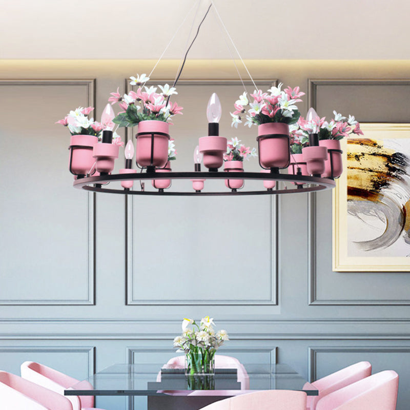 6/8 Lights Ceramic Hanging Chandelier Industrial Pink/Blue Circular Pendant Ceiling Light with Potted Plant Design Clearhalo 'Cast Iron' 'Ceiling Lights' 'Chandeliers' 'Industrial Chandeliers' 'Industrial' 'Metal' 'Middle Century Chandeliers' 'Rustic Chandeliers' 'Tiffany' Lighting' 1459102