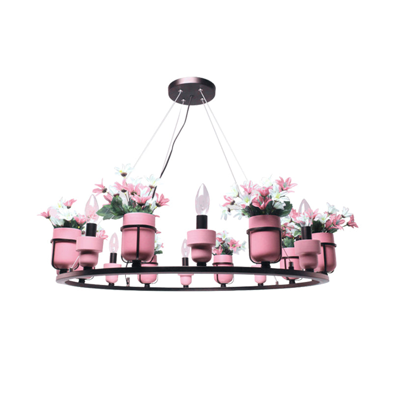 6/8 Lights Ceramic Hanging Chandelier Industrial Pink/Blue Circular Pendant Ceiling Light with Potted Plant Design Clearhalo 'Cast Iron' 'Ceiling Lights' 'Chandeliers' 'Industrial Chandeliers' 'Industrial' 'Metal' 'Middle Century Chandeliers' 'Rustic Chandeliers' 'Tiffany' Lighting' 1459103
