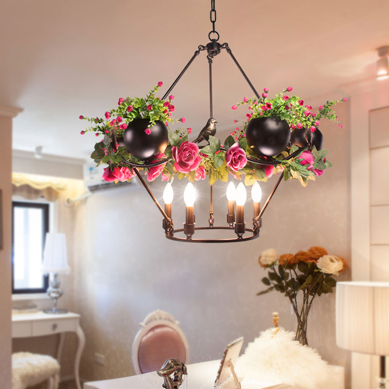 Iron Candle Ceiling Chandelier Industrial 6/8 Bulbs Restaurant Pendant Lamp in Black with Flower and Bird Decor Clearhalo 'Cast Iron' 'Ceiling Lights' 'Chandeliers' 'Industrial Chandeliers' 'Industrial' 'Metal' 'Middle Century Chandeliers' 'Rustic Chandeliers' 'Tiffany' Lighting' 1459105