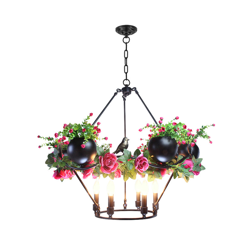 Iron Candle Ceiling Chandelier Industrial 6/8 Bulbs Restaurant Pendant Lamp in Black with Flower and Bird Decor Clearhalo 'Cast Iron' 'Ceiling Lights' 'Chandeliers' 'Industrial Chandeliers' 'Industrial' 'Metal' 'Middle Century Chandeliers' 'Rustic Chandeliers' 'Tiffany' Lighting' 1459107