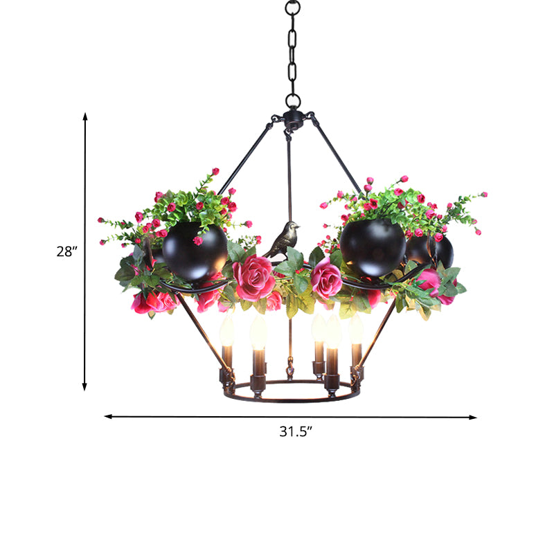 Iron Candle Ceiling Chandelier Industrial 6/8 Bulbs Restaurant Pendant Lamp in Black with Flower and Bird Decor Clearhalo 'Cast Iron' 'Ceiling Lights' 'Chandeliers' 'Industrial Chandeliers' 'Industrial' 'Metal' 'Middle Century Chandeliers' 'Rustic Chandeliers' 'Tiffany' Lighting' 1459108