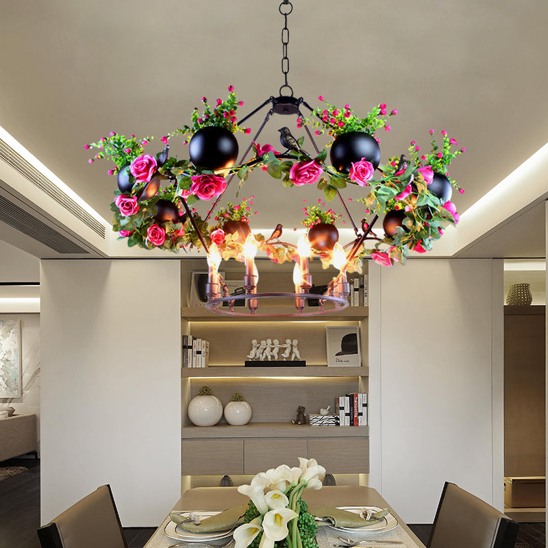 Iron Candle Ceiling Chandelier Industrial 6/8 Bulbs Restaurant Pendant Lamp in Black with Flower and Bird Decor Clearhalo 'Cast Iron' 'Ceiling Lights' 'Chandeliers' 'Industrial Chandeliers' 'Industrial' 'Metal' 'Middle Century Chandeliers' 'Rustic Chandeliers' 'Tiffany' Lighting' 1459110