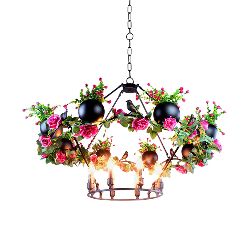 Iron Candle Ceiling Chandelier Industrial 6/8 Bulbs Restaurant Pendant Lamp in Black with Flower and Bird Decor Clearhalo 'Cast Iron' 'Ceiling Lights' 'Chandeliers' 'Industrial Chandeliers' 'Industrial' 'Metal' 'Middle Century Chandeliers' 'Rustic Chandeliers' 'Tiffany' Lighting' 1459111