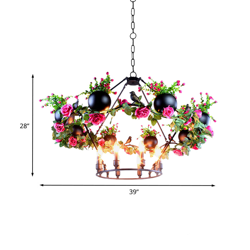 Iron Candle Ceiling Chandelier Industrial 6/8 Bulbs Restaurant Pendant Lamp in Black with Flower and Bird Decor Clearhalo 'Cast Iron' 'Ceiling Lights' 'Chandeliers' 'Industrial Chandeliers' 'Industrial' 'Metal' 'Middle Century Chandeliers' 'Rustic Chandeliers' 'Tiffany' Lighting' 1459112