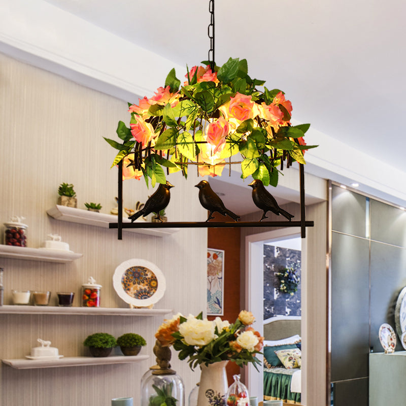 Industrial Birdcage Island Light Fixture 1/3-Light Iron Down Lighting Pendant in Black with Rose Decoration Clearhalo 'Ceiling Lights' 'Island Lights' Lighting' 1459119