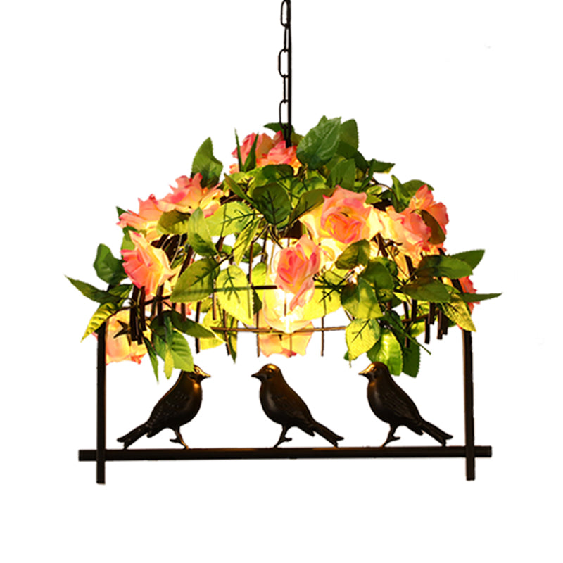 Industrial Birdcage Island Light Fixture 1/3-Light Iron Down Lighting Pendant in Black with Rose Decoration Clearhalo 'Ceiling Lights' 'Island Lights' Lighting' 1459120