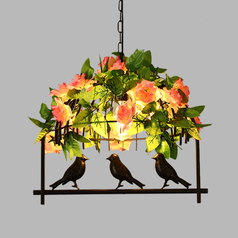 Industrial Birdcage Island Light Fixture 1/3-Light Iron Down Lighting Pendant in Black with Rose Decoration Clearhalo 'Ceiling Lights' 'Island Lights' Lighting' 1459121