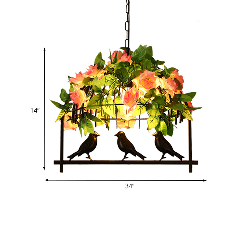 Industrial Birdcage Island Light Fixture 1/3-Light Iron Down Lighting Pendant in Black with Rose Decoration Clearhalo 'Ceiling Lights' 'Island Lights' Lighting' 1459122