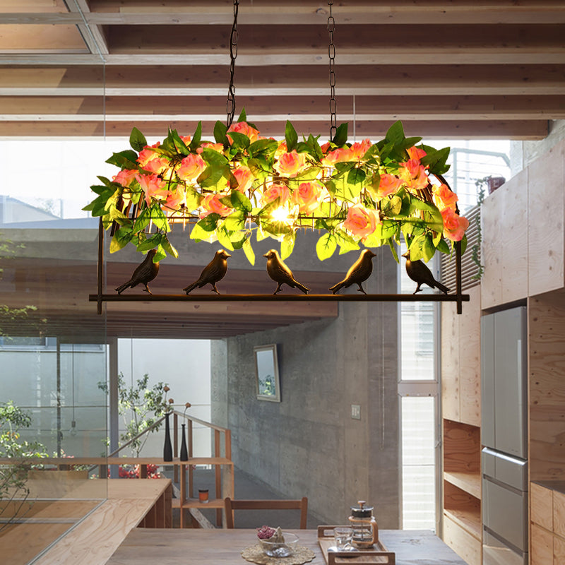 Industrial Birdcage Island Light Fixture 1/3-Light Iron Down Lighting Pendant in Black with Rose Decoration 3 Black Clearhalo 'Ceiling Lights' 'Island Lights' Lighting' 1459123