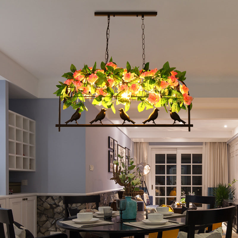 Industrial Birdcage Island Light Fixture 1/3-Light Iron Down Lighting Pendant in Black with Rose Decoration Clearhalo 'Ceiling Lights' 'Island Lights' Lighting' 1459124