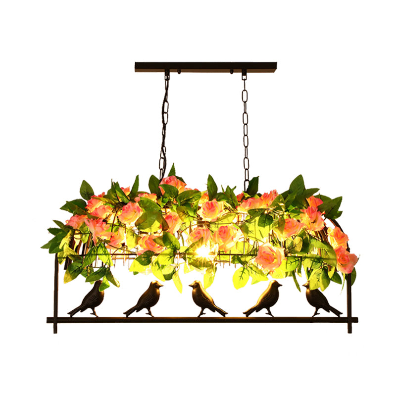 Industrial Birdcage Island Light Fixture 1/3-Light Iron Down Lighting Pendant in Black with Rose Decoration Clearhalo 'Ceiling Lights' 'Island Lights' Lighting' 1459125