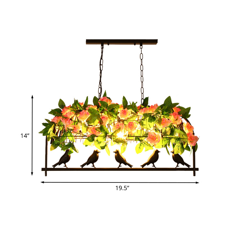 Industrial Birdcage Island Light Fixture 1/3-Light Iron Down Lighting Pendant in Black with Rose Decoration Clearhalo 'Ceiling Lights' 'Island Lights' Lighting' 1459126