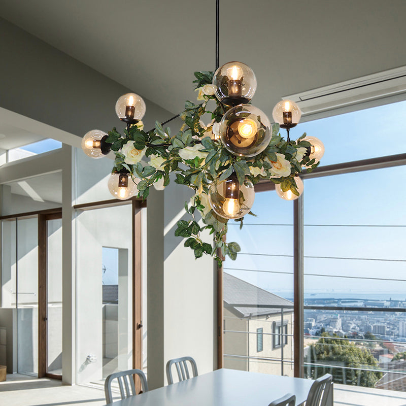 10/14-Bulb Island Pendant Industrial Globe Smoke Gray Glass Hanging Light in Black with Geometric Cage 10 Black Clearhalo 'Ceiling Lights' 'Island Lights' Lighting' 1459127