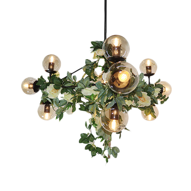 10/14-Bulb Island Pendant Industrial Globe Smoke Gray Glass Hanging Light in Black with Geometric Cage Clearhalo 'Ceiling Lights' 'Island Lights' Lighting' 1459129