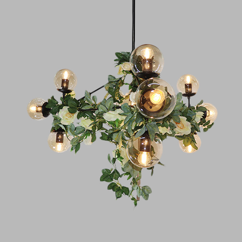 10/14-Bulb Island Pendant Industrial Globe Smoke Gray Glass Hanging Light in Black with Geometric Cage Clearhalo 'Ceiling Lights' 'Island Lights' Lighting' 1459130