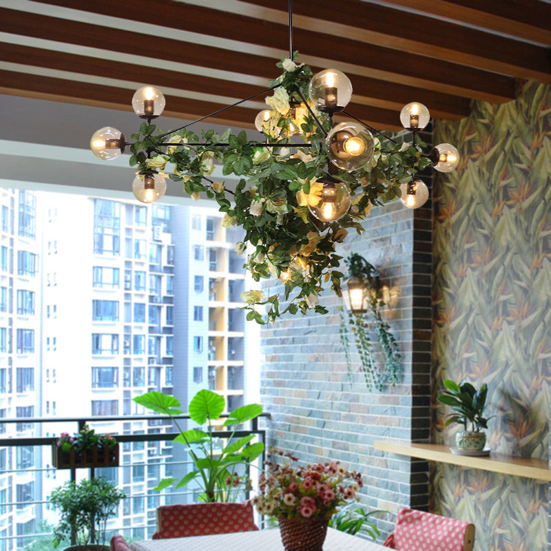 10/14-Bulb Island Pendant Industrial Globe Smoke Gray Glass Hanging Light in Black with Geometric Cage 14 Black Clearhalo 'Ceiling Lights' 'Island Lights' Lighting' 1459132