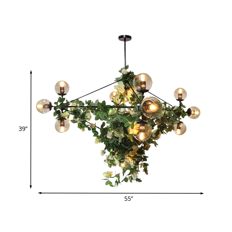 10/14-Bulb Island Pendant Industrial Globe Smoke Gray Glass Hanging Light in Black with Geometric Cage Clearhalo 'Ceiling Lights' 'Island Lights' Lighting' 1459135