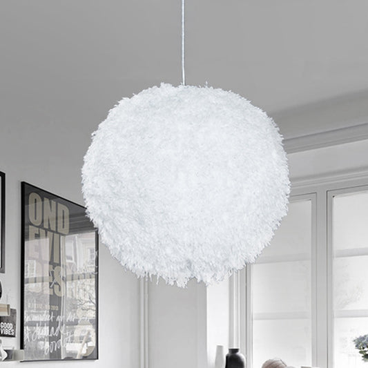 White Plush Globe Hanging Lamp Modern Vogue 1 Head Fabric Suspension Lighting for Bedroom, 8"/12" Dia White Clearhalo 'Ceiling Lights' 'Modern Pendants' 'Modern' 'Pendant Lights' 'Pendants' Lighting' 1459142