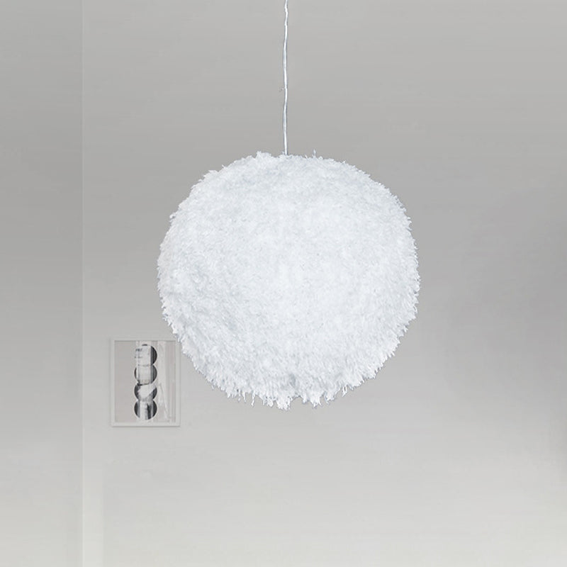 White Plush Globe Hanging Lamp Modern Vogue 1 Head Fabric Suspension Lighting for Bedroom, 8"/12" Dia Clearhalo 'Ceiling Lights' 'Modern Pendants' 'Modern' 'Pendant Lights' 'Pendants' Lighting' 1459143