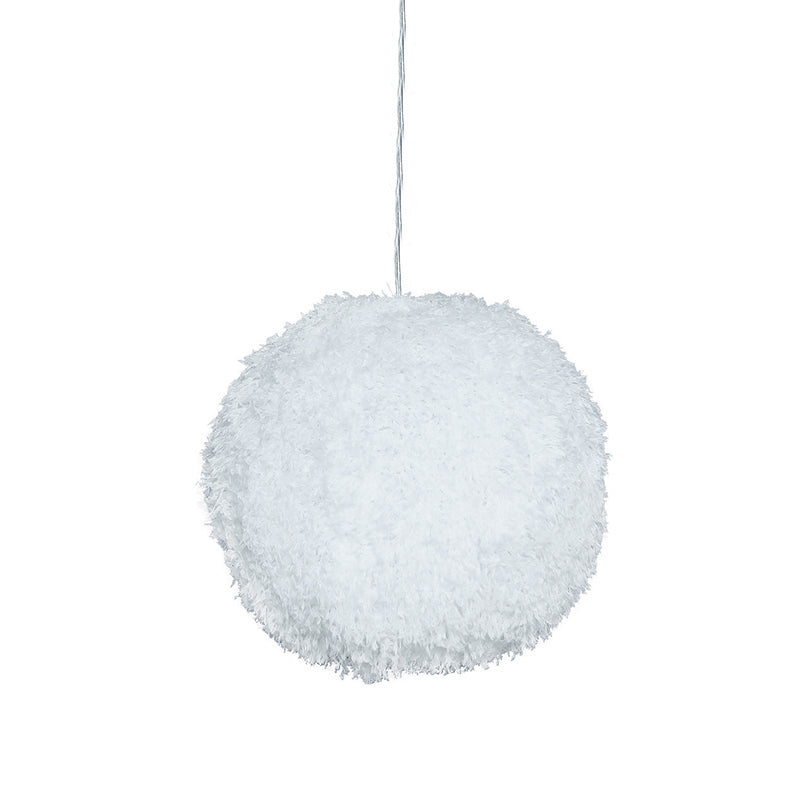White Plush Globe Hanging Lamp Modern Vogue 1 Head Fabric Suspension Lighting for Bedroom, 8"/12" Dia Clearhalo 'Ceiling Lights' 'Modern Pendants' 'Modern' 'Pendant Lights' 'Pendants' Lighting' 1459144