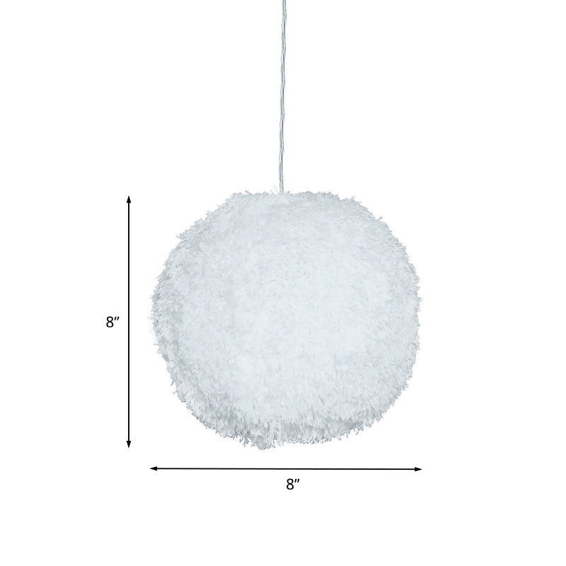 White Plush Globe Hanging Lamp Modern Vogue 1 Head Fabric Suspension Lighting for Bedroom, 8"/12" Dia Clearhalo 'Ceiling Lights' 'Modern Pendants' 'Modern' 'Pendant Lights' 'Pendants' Lighting' 1459146