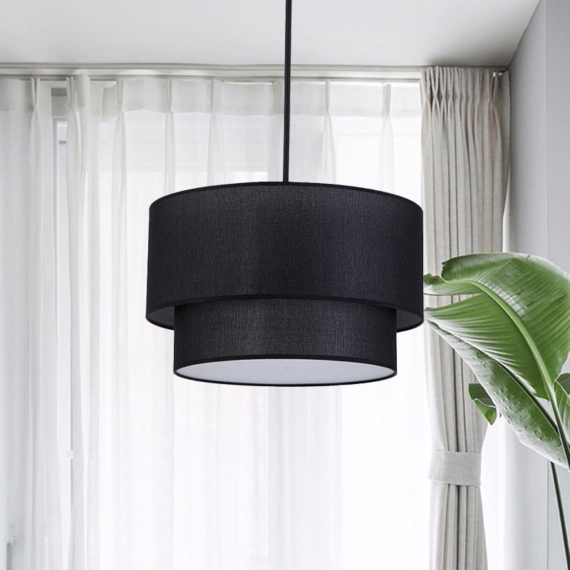 1 Head Dinette Ceiling Suspension Lamp Modern White/Flaxen/Black Drop Pendant with Dual Drum Fabric Shade Clearhalo 'Ceiling Lights' 'Modern Pendants' 'Modern' 'Pendant Lights' 'Pendants' Lighting' 1459223