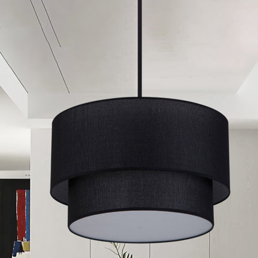 1 Head Dinette Ceiling Suspension Lamp Modern White/Flaxen/Black Drop Pendant with Dual Drum Fabric Shade Clearhalo 'Ceiling Lights' 'Modern Pendants' 'Modern' 'Pendant Lights' 'Pendants' Lighting' 1459224