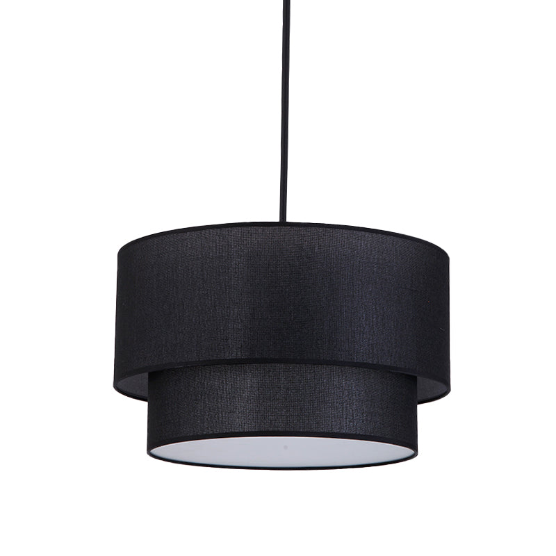 1 Head Dinette Ceiling Suspension Lamp Modern White/Flaxen/Black Drop Pendant with Dual Drum Fabric Shade Clearhalo 'Ceiling Lights' 'Modern Pendants' 'Modern' 'Pendant Lights' 'Pendants' Lighting' 1459225