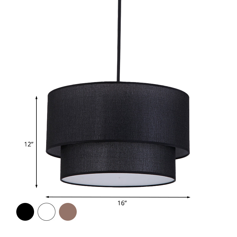 1 Head Dinette Ceiling Suspension Lamp Modern White/Flaxen/Black Drop Pendant with Dual Drum Fabric Shade Clearhalo 'Ceiling Lights' 'Modern Pendants' 'Modern' 'Pendant Lights' 'Pendants' Lighting' 1459226