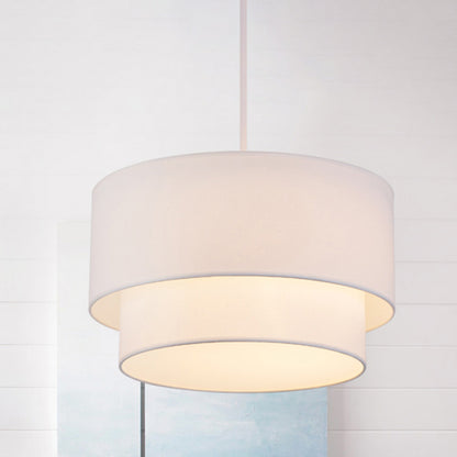 1 Head Dinette Ceiling Suspension Lamp Modern White/Flaxen/Black Drop Pendant with Dual Drum Fabric Shade White Clearhalo 'Ceiling Lights' 'Modern Pendants' 'Modern' 'Pendant Lights' 'Pendants' Lighting' 1459227