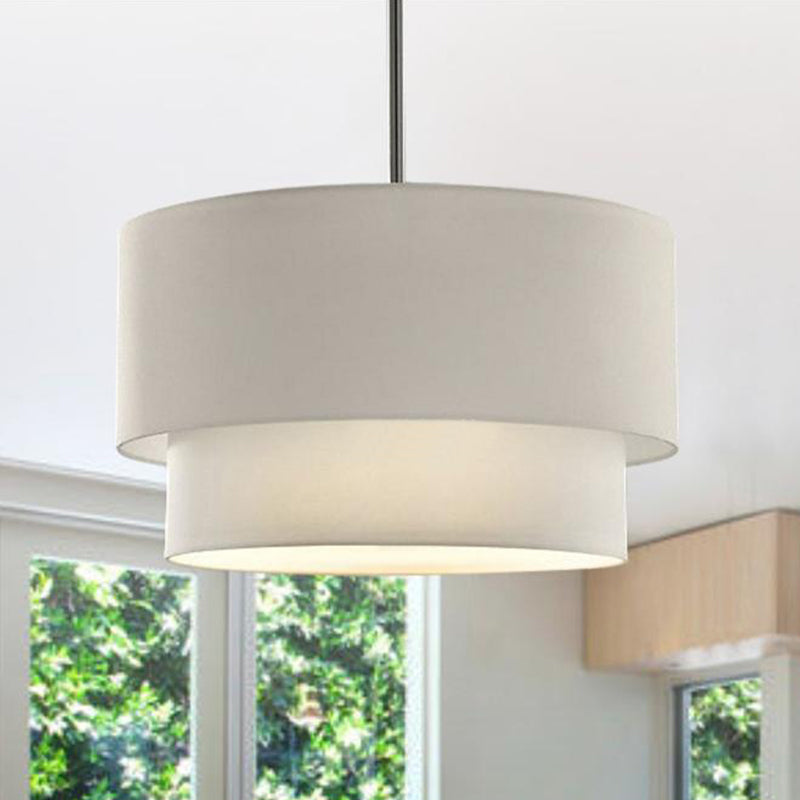 1 Head Dinette Ceiling Suspension Lamp Modern White/Flaxen/Black Drop Pendant with Dual Drum Fabric Shade Clearhalo 'Ceiling Lights' 'Modern Pendants' 'Modern' 'Pendant Lights' 'Pendants' Lighting' 1459229