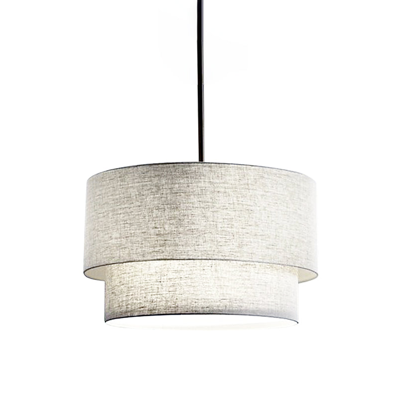 1 Head Dinette Ceiling Suspension Lamp Modern White/Flaxen/Black Drop Pendant with Dual Drum Fabric Shade Clearhalo 'Ceiling Lights' 'Modern Pendants' 'Modern' 'Pendant Lights' 'Pendants' Lighting' 1459230