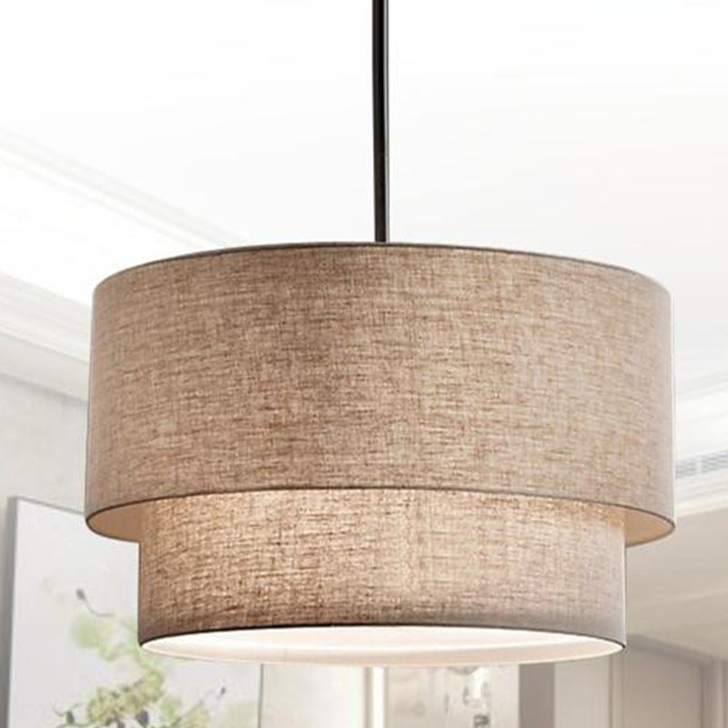1 Head Dinette Ceiling Suspension Lamp Modern White/Flaxen/Black Drop Pendant with Dual Drum Fabric Shade Flaxen Clearhalo 'Ceiling Lights' 'Modern Pendants' 'Modern' 'Pendant Lights' 'Pendants' Lighting' 1459231