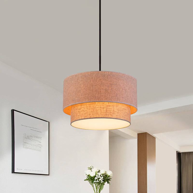 1 Head Dinette Ceiling Suspension Lamp Modern White/Flaxen/Black Drop Pendant with Dual Drum Fabric Shade Clearhalo 'Ceiling Lights' 'Modern Pendants' 'Modern' 'Pendant Lights' 'Pendants' Lighting' 1459233
