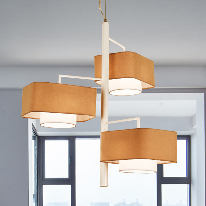 3-Tier Dual Shade Chandelier Lamp Contemporary Fabric 3-Light Brown Hanging Light Fixture for Dining Room Brown Clearhalo 'Ceiling Lights' 'Chandeliers' 'Modern Chandeliers' 'Modern' Lighting' 1459315