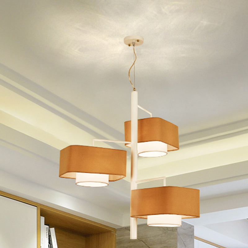 3-Tier Dual Shade Chandelier Lamp Contemporary Fabric 3-Light Brown Hanging Light Fixture for Dining Room Clearhalo 'Ceiling Lights' 'Chandeliers' 'Modern Chandeliers' 'Modern' Lighting' 1459316