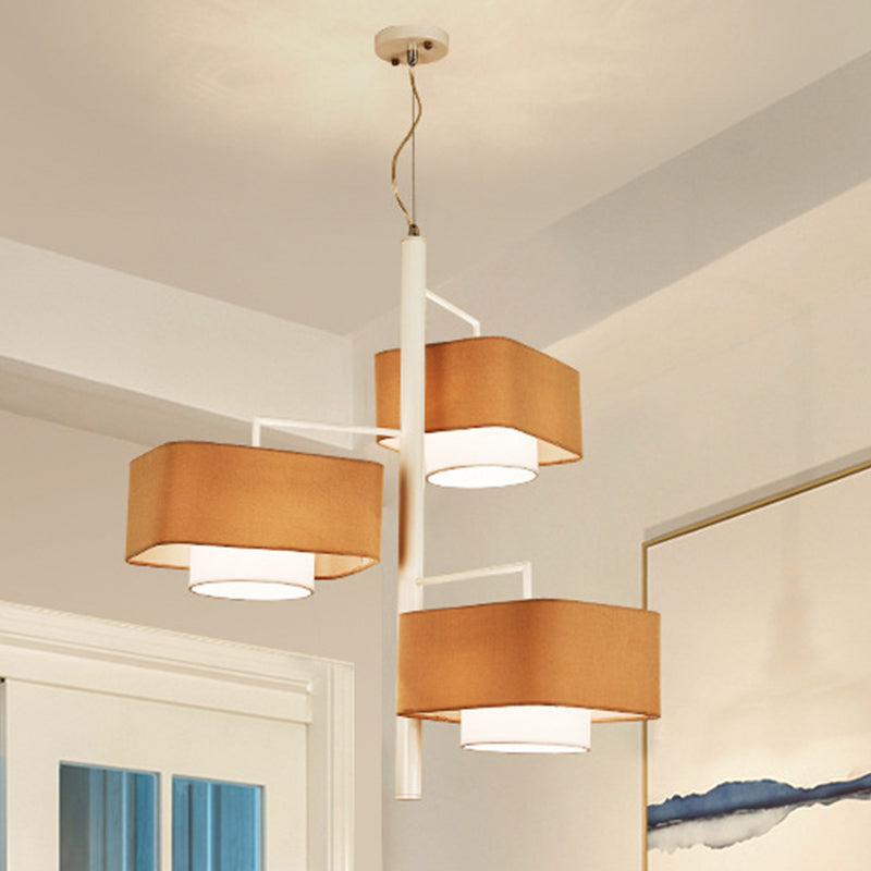 3-Tier Dual Shade Chandelier Lamp Contemporary Fabric 3-Light Brown Hanging Light Fixture for Dining Room Clearhalo 'Ceiling Lights' 'Chandeliers' 'Modern Chandeliers' 'Modern' Lighting' 1459317