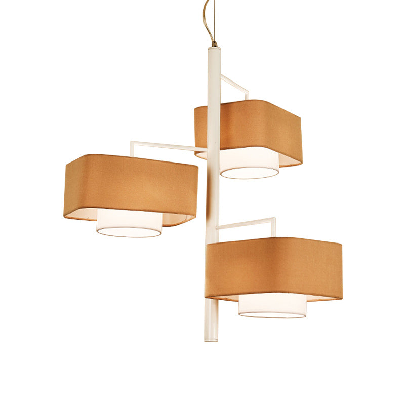3-Tier Dual Shade Chandelier Lamp Contemporary Fabric 3-Light Brown Hanging Light Fixture for Dining Room Clearhalo 'Ceiling Lights' 'Chandeliers' 'Modern Chandeliers' 'Modern' Lighting' 1459318