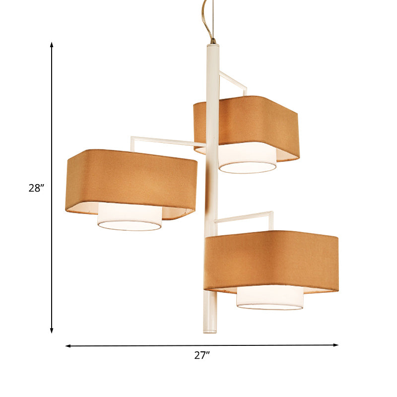 3-Tier Dual Shade Chandelier Lamp Contemporary Fabric 3-Light Brown Hanging Light Fixture for Dining Room Clearhalo 'Ceiling Lights' 'Chandeliers' 'Modern Chandeliers' 'Modern' Lighting' 1459319